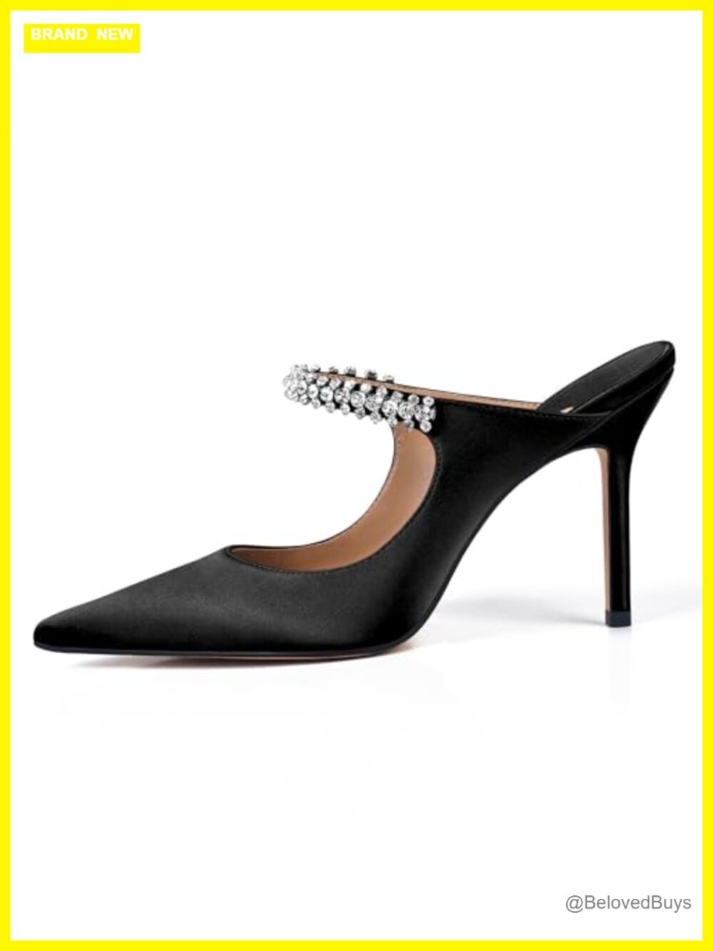 Women's Rhinestone Heeled Mules Satin Pointed Toe Slip On 4 Inch Stiletto